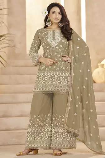 Beige georgette embroidered sequin festive wear pakistani palazzo suit 