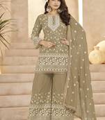 Beige georgette embroidered sequin festive wear pakistani palazzo suit 