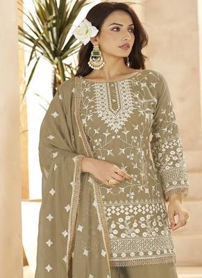 Beige georgette embroidered sequin festive wear pakistani palazzo suit  2