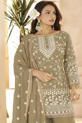 Beige georgette embroidered sequin festive wear pakistani palazzo suit 