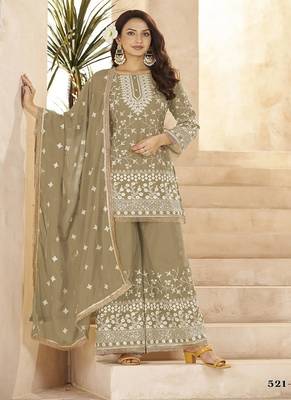 Beige georgette embroidered sequin festive wear pakistani palazzo suit  3