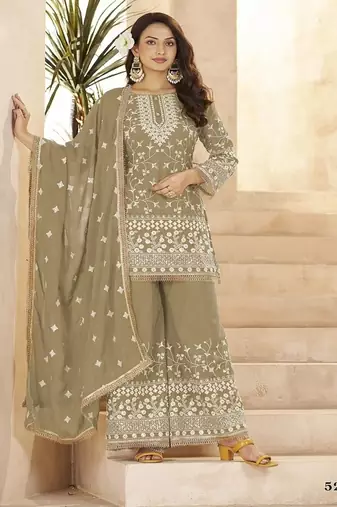 Beige georgette embroidered sequin festive wear pakistani palazzo suit 