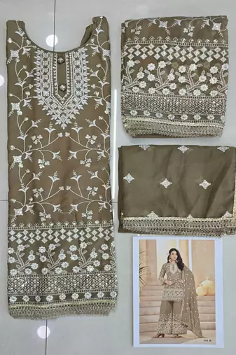 Beige georgette embroidered sequin festive wear pakistani palazzo suit 