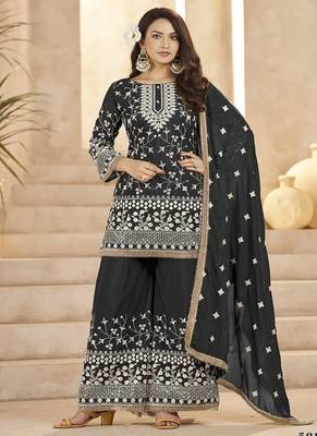Black georgette embroidered sequin festive wear pakistani palazzo suit  1