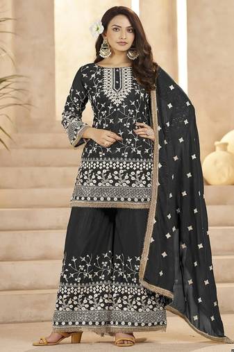 Black georgette embroidered sequin festive wear pakistani palazzo suit 