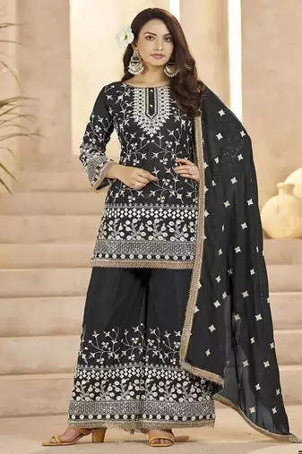 Black georgette embroidered sequin festive wear pakistani palazzo suit 