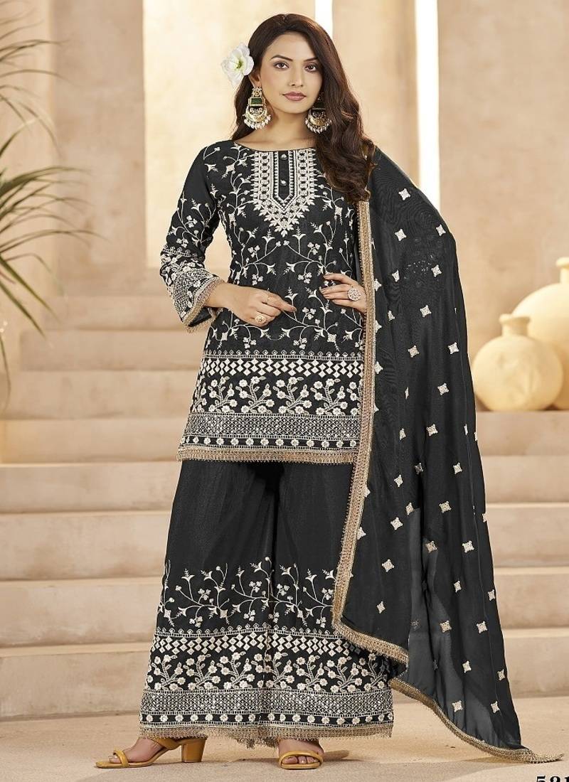 Black georgette embroidered sequin festive wear pakistani palazzo suit 