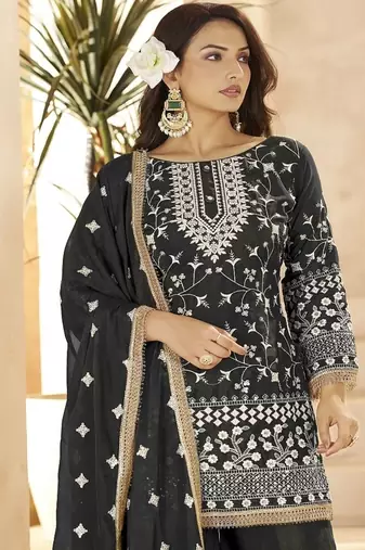 Black georgette embroidered sequin festive wear pakistani palazzo suit 