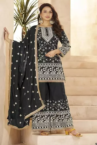 Black georgette embroidered sequin festive wear pakistani palazzo suit 