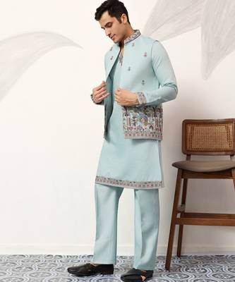 PISTA GREEN VISCOSE SILK THEAD WITH SEQUINS EMBROIDERED WORK WEDDING FESTIVAL PARTY WEAR STRAIGHT KURTA PANT KOTI 8