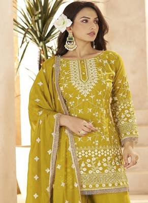 Yellow georgette embroidered sequins pakistani palazzo suit  2