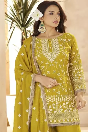 Yellow georgette embroidered sequins pakistani palazzo suit 