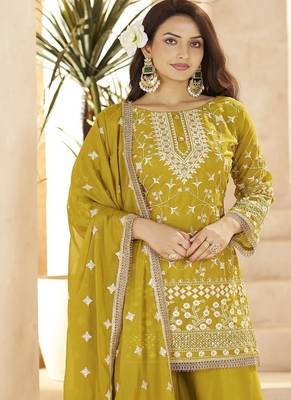 Yellow georgette embroidered sequins pakistani palazzo suit  3