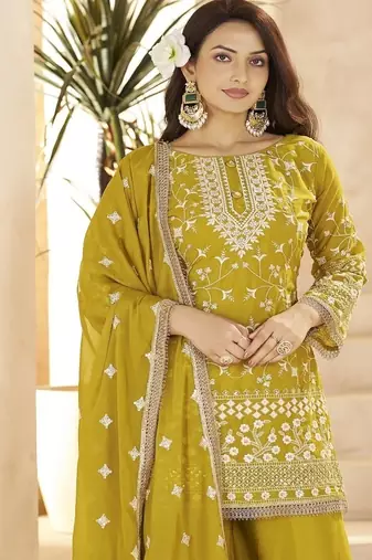 Yellow georgette embroidered sequins pakistani palazzo suit 