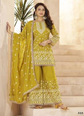 Yellow georgette embroidered sequins pakistani palazzo suit  1