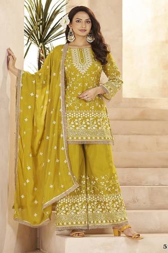 Yellow georgette embroidered sequins pakistani palazzo suit 