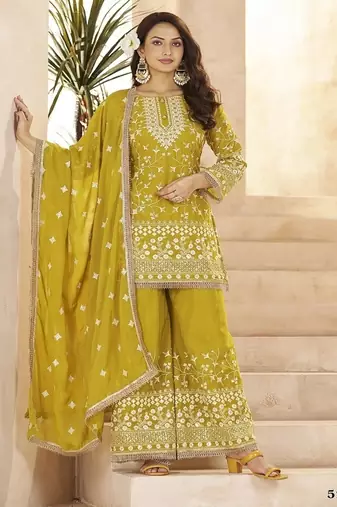 Yellow georgette embroidered sequins pakistani palazzo suit 