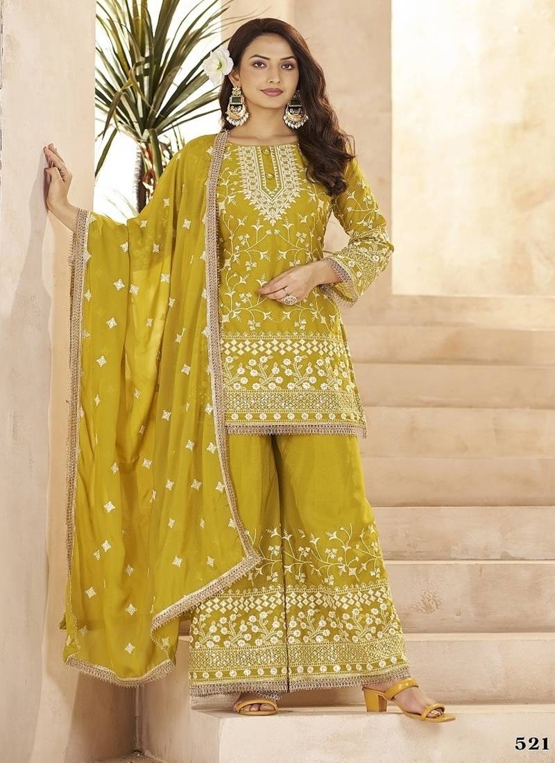 Yellow georgette embroidered sequins pakistani palazzo suit 