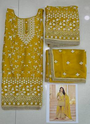 Yellow georgette embroidered sequins pakistani palazzo suit  4