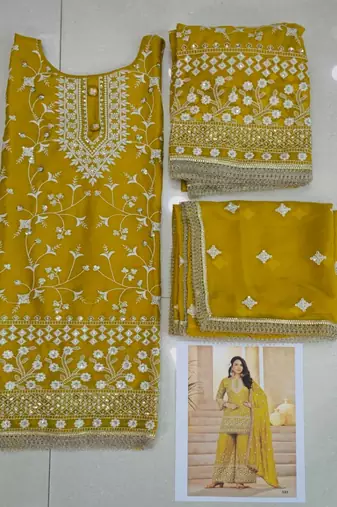 Yellow georgette embroidered sequins pakistani palazzo suit 