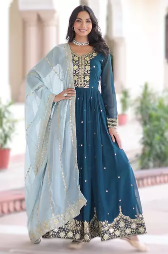 teal blue elegant faux georgette embroidered gown with russian silk dupatta