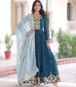 teal blue elegant faux georgette embroidered gown with russian silk dupatta