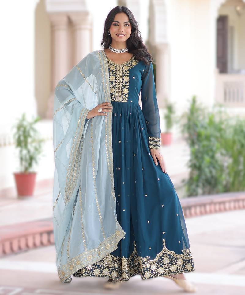 teal blue elegant faux georgette embroidered gown with russian silk dupatta