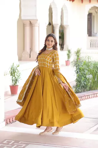yellow nc vichitra embroidered anarkali gown with matching dupatta