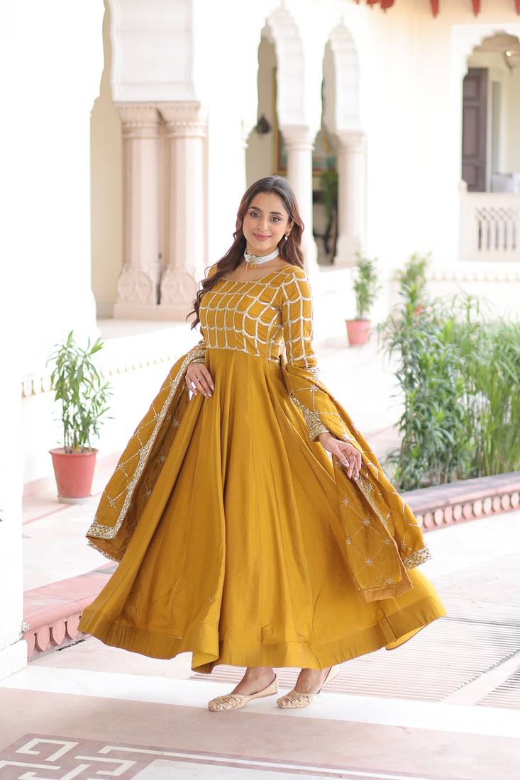yellow nc vichitra embroidered anarkali gown with matching dupatta