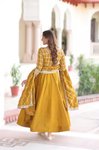 yellow nc vichitra embroidered anarkali gown with matching dupatta