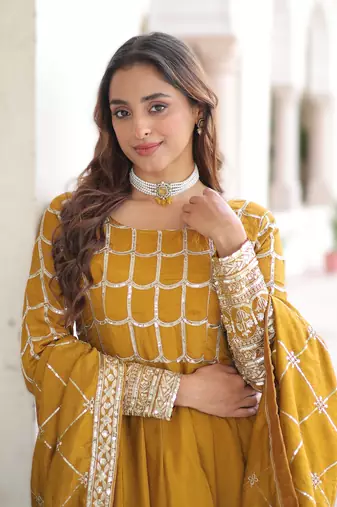 yellow nc vichitra embroidered anarkali gown with matching dupatta