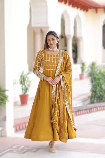 yellow nc vichitra embroidered anarkali gown with matching dupatta