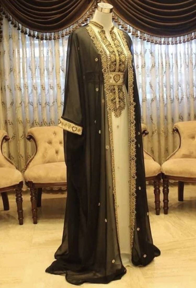 Grand Black & white georgette kaftan dress with zari work | luxury party & wedding wear