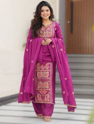 magenta readymade chinnon silk embroidered kurta pant dupatta set 1