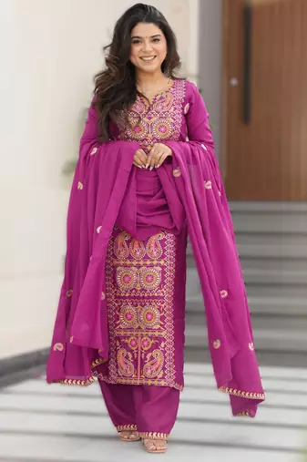 magenta readymade chinnon silk embroidered kurta pant dupatta set