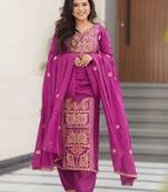 magenta readymade chinnon silk embroidered kurta pant dupatta set