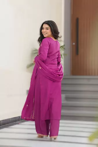 magenta readymade chinnon silk embroidered kurta pant dupatta set