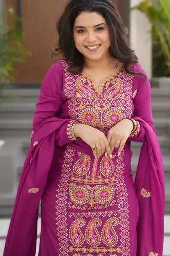 magenta readymade chinnon silk embroidered kurta pant dupatta set
