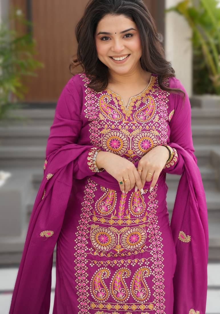 magenta readymade chinnon silk embroidered kurta pant dupatta set