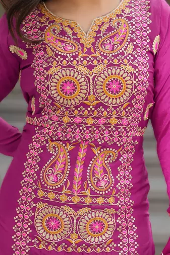 magenta readymade chinnon silk embroidered kurta pant dupatta set