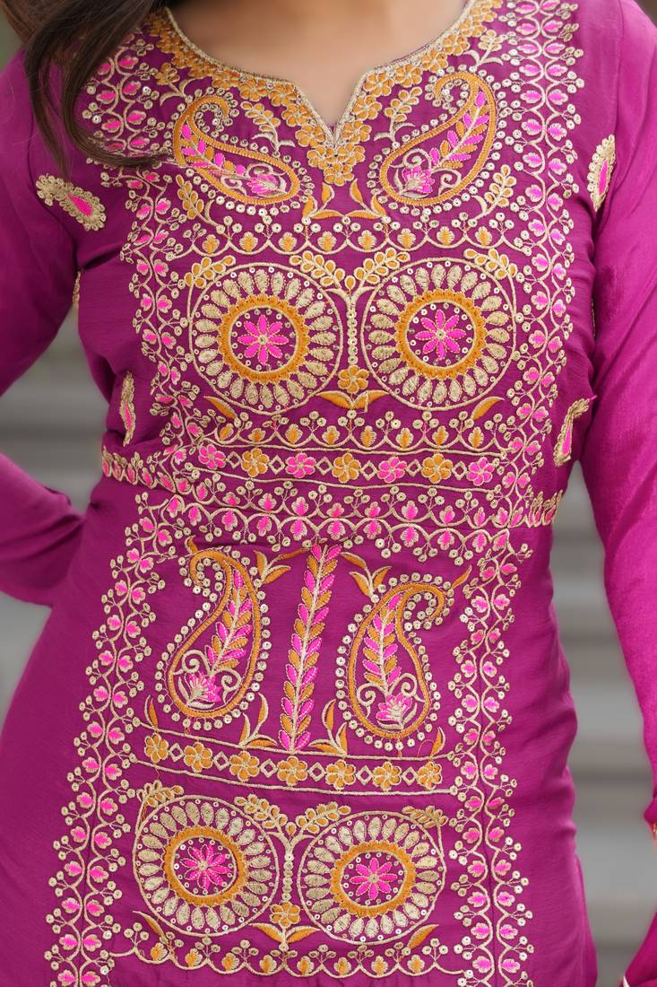 magenta readymade chinnon silk embroidered kurta pant dupatta set