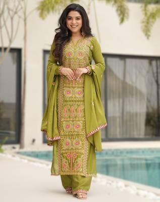 parrot green readymade chinnon silk embroidered kurta pant dupatta set 1