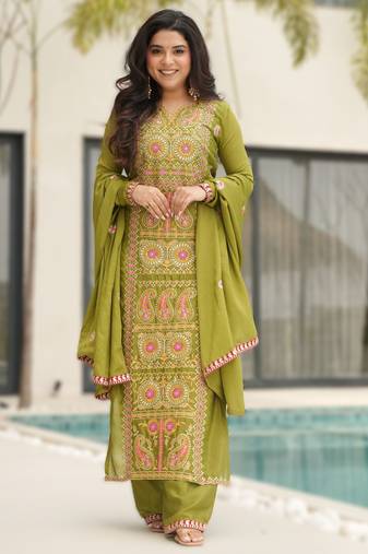 parrot green readymade chinnon silk embroidered kurta pant dupatta set