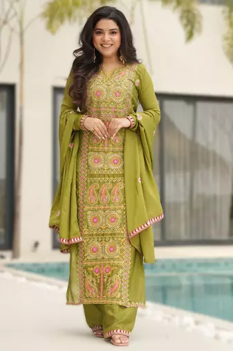 parrot green readymade chinnon silk embroidered kurta pant dupatta set