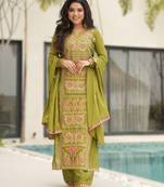 parrot green readymade chinnon silk embroidered kurta pant dupatta set