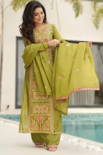 parrot green readymade chinnon silk embroidered kurta pant dupatta set