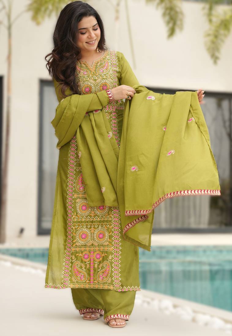 parrot green readymade chinnon silk embroidered kurta pant dupatta set