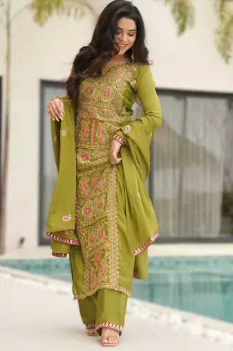 parrot green readymade chinnon silk embroidered kurta pant dupatta set