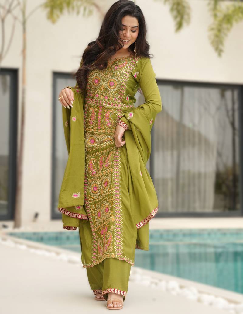 parrot green readymade chinnon silk embroidered kurta pant dupatta set