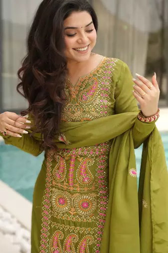 parrot green readymade chinnon silk embroidered kurta pant dupatta set